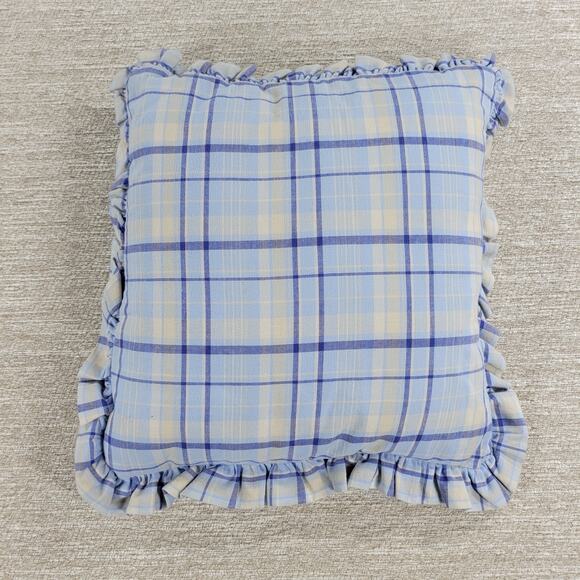 VTG Laura Ashley Emilie Pillow 16" Square Blue Cream Plaid Ruffle Trim Cotton - Picture 12 of 16